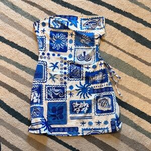 SHEIN Blue and White Strapless Dress